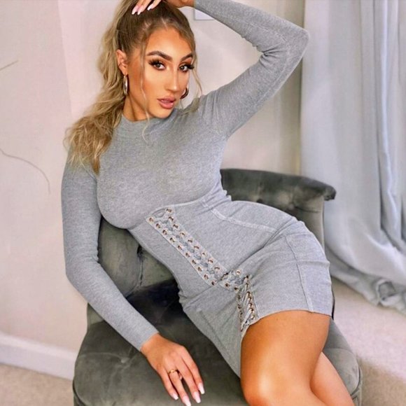 LAST MEDIUM Heather Gray Lace Up Corset Long Sleeve Mini Sweater Dress - Picture 2 of 7